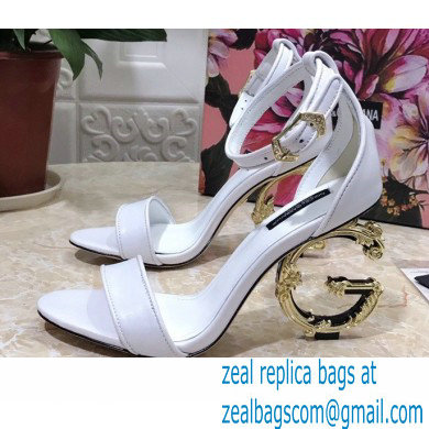 Dolce & Gabbana Heel 10.5cm Leather Sandals White with Baroque D & G Heel 2021 - Click Image to Close